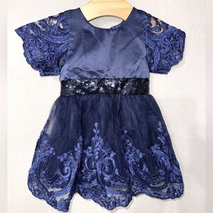Toddler girls elegant navy lace and sequin back bow holiday Christmas dress